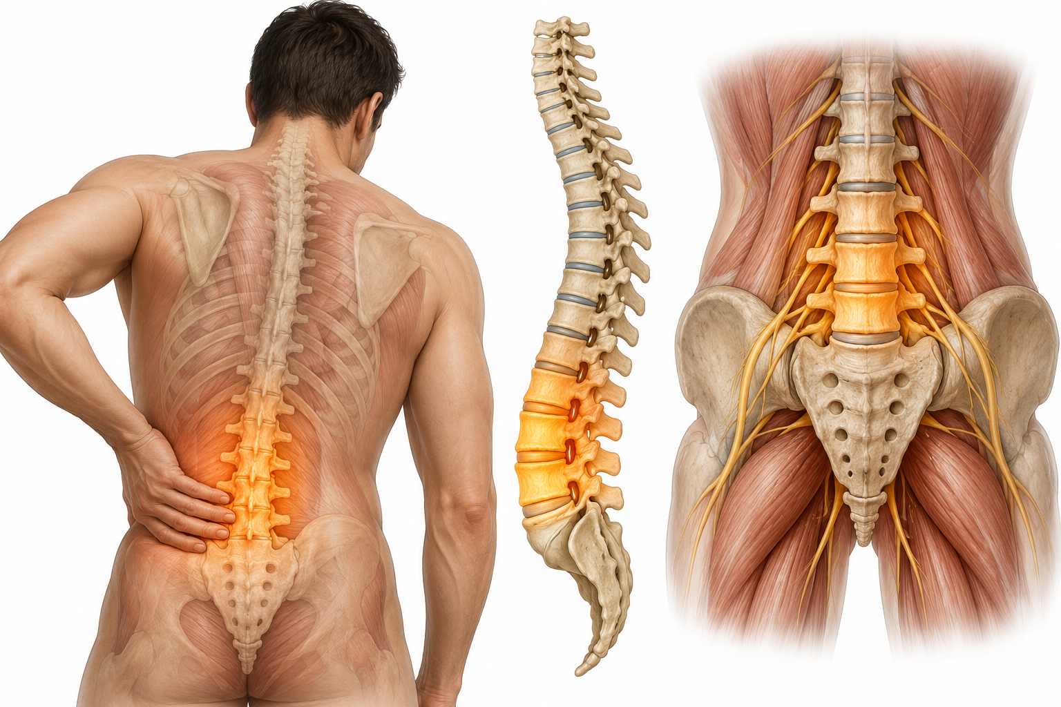 Anatomical illustration showing the lumbar spine, intervertebral discs, and nerve roots