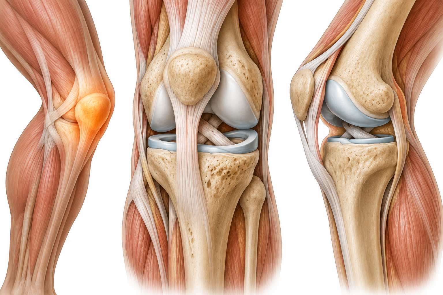 Anatomical illustration of the knee joint showing the tibiofemoral compartments, menisci, cruciate ligaments, and patellofemoral joint