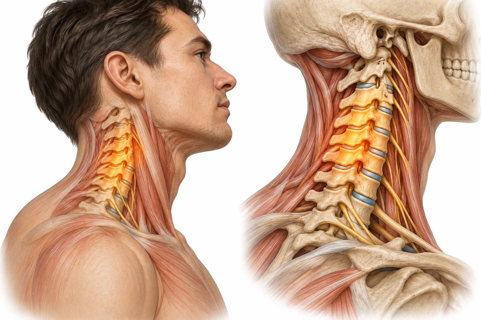 Anatomical illustration of the cervical spine showing vertebrae, intervertebral discs, and cervical nerve roots