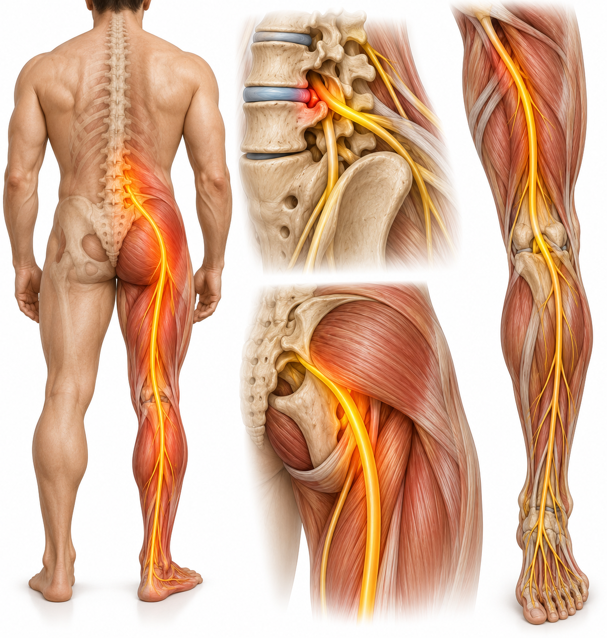 Anatomical illustration of the sciatic nerve pathway from the lumbar spine through the buttock and into the leg