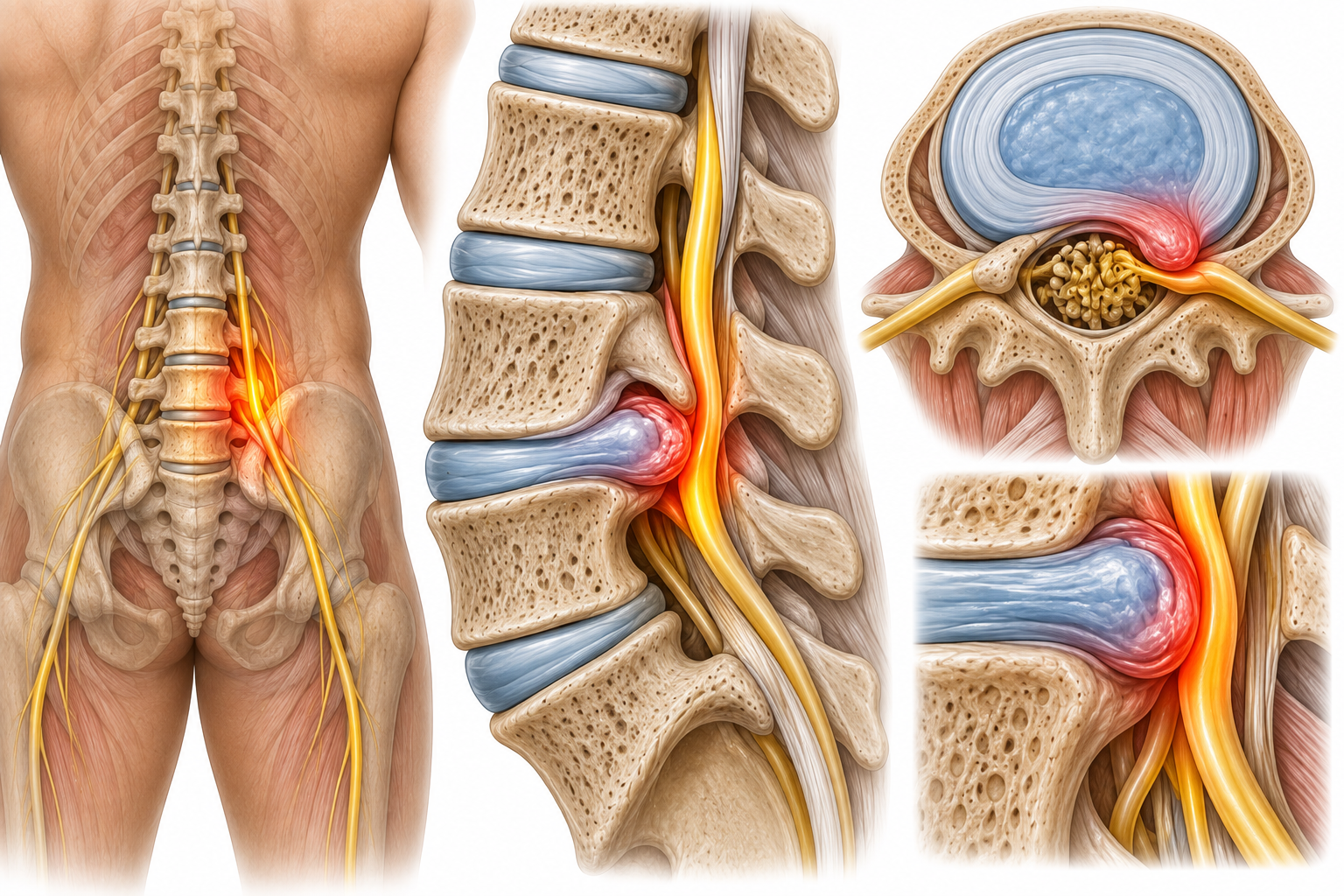 Cross-sectional anatomical illustration of a herniated intervertebral disc compressing a lumbar nerve root